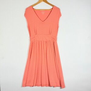 LL Bean Womens‎ Medium Coral Polka Dot Ruched Waist Midi Dress Beachy Coastal
